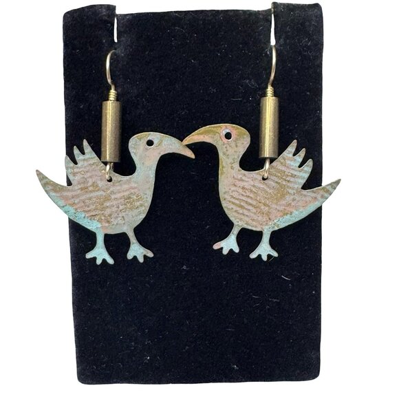 Vintage Jewelry - Vintage Brass Patina Dodo Bird Shaped Dangle Earrings Green Boho Y2K Folk Art